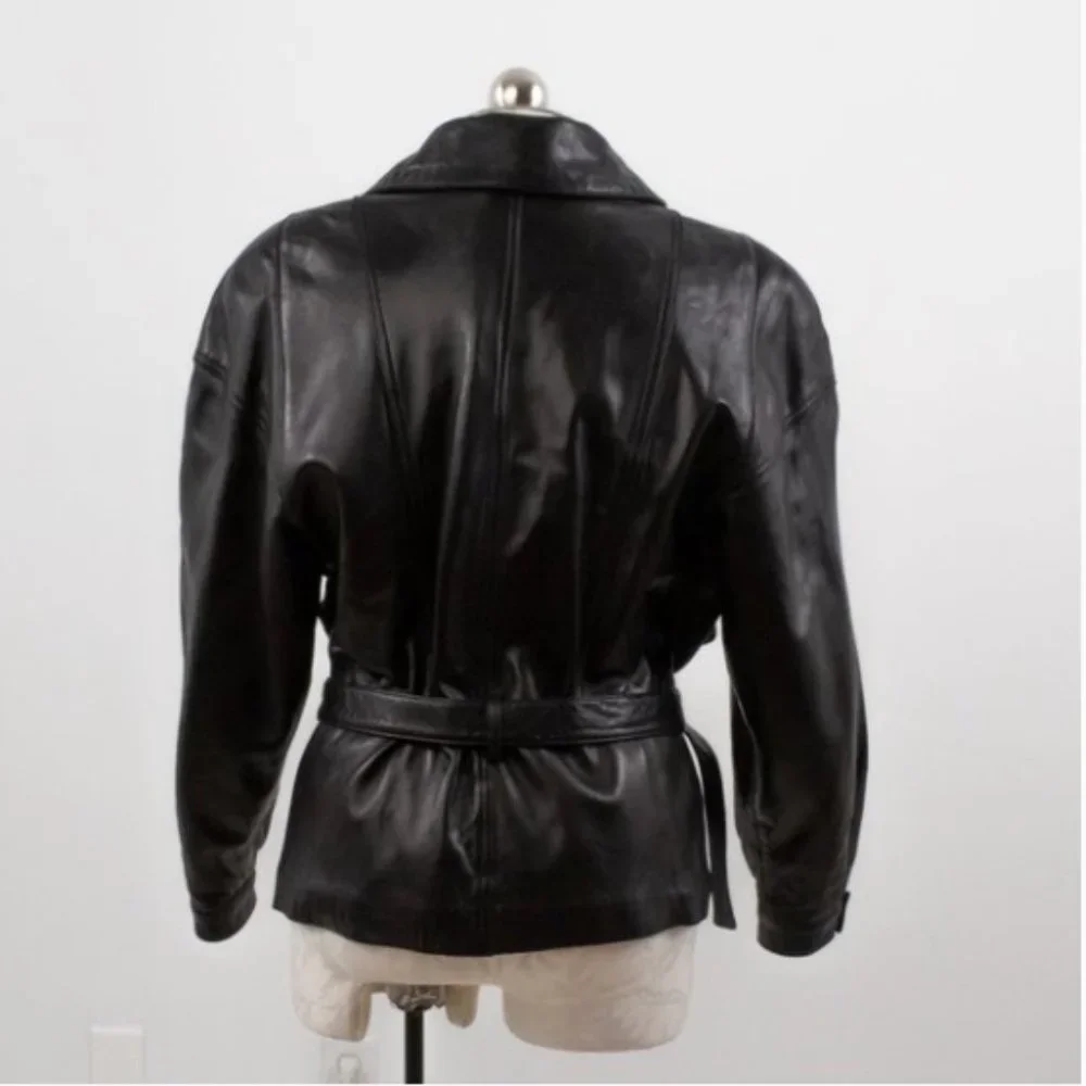 Vintage 80s Black Leather Jacket M Footballer Short Blazer Coat - Picture 6 of 14